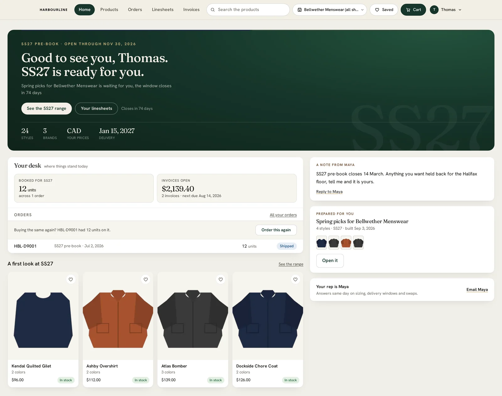 De homepagina van het klantenportaal, met de aftelling van het seizoen, openstaande facturen, recente orders en een eerste blik op de collectie