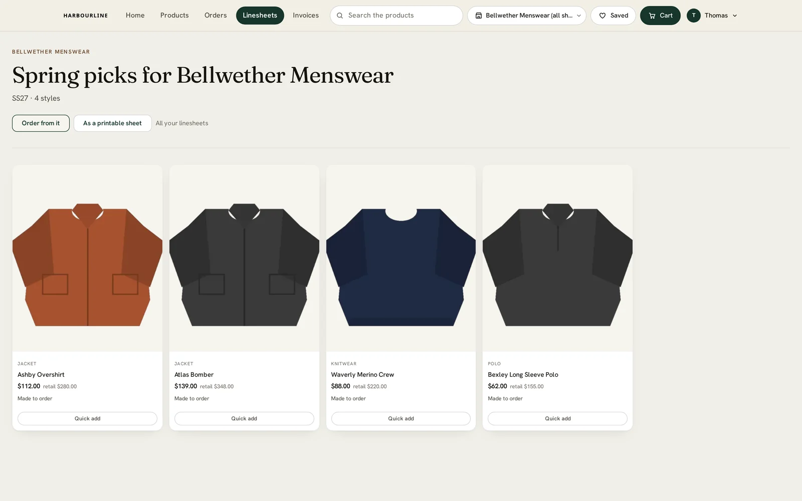 Klantenportaal met een linesheet waaruit direct besteld kan worden
