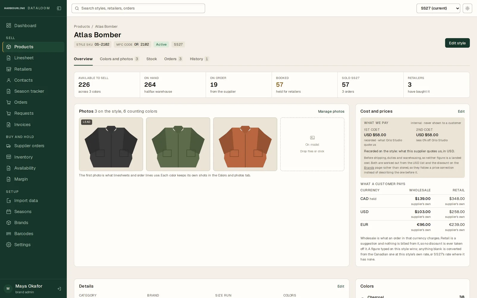 A style in Dataloom on a desktop: its details, colours and photos on one overview