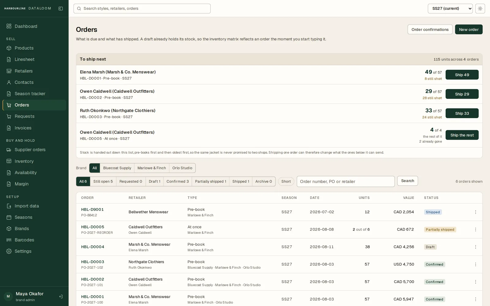 Sales in Dataloom: orders from retailers with their status