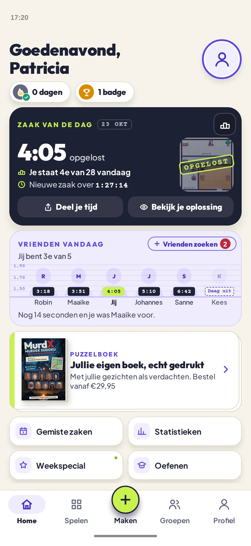 The MurdX home screen: today's case solved, friends' times side by side, and your own puzzle book