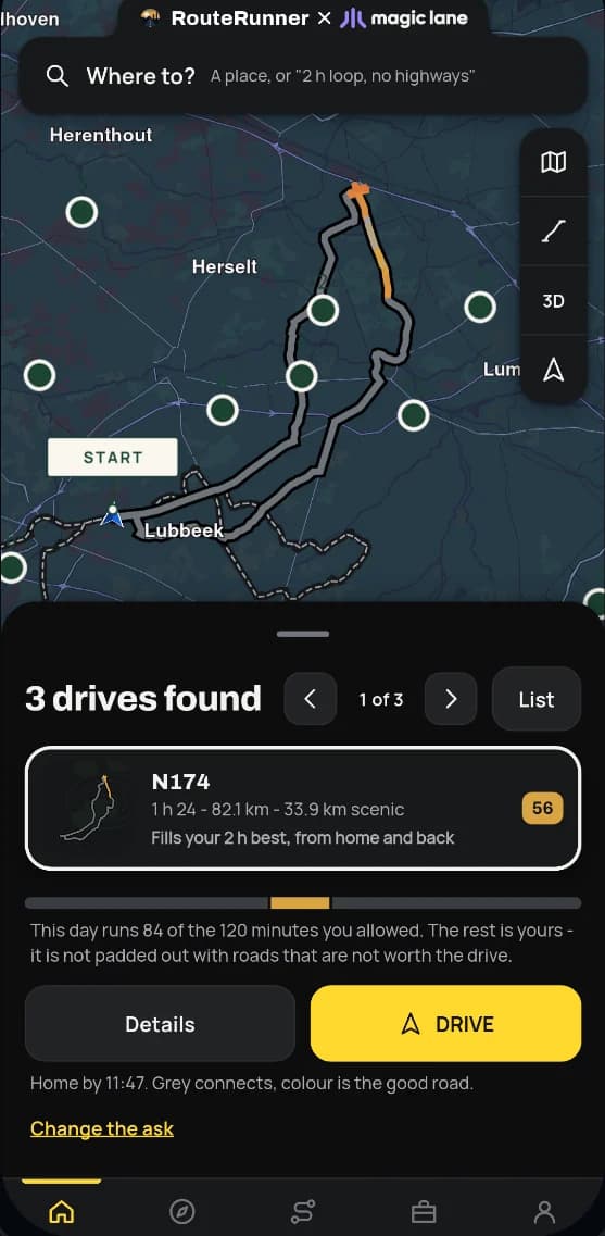 RouteRunner found three scenic drives for a two hour round trip, the best one on the map