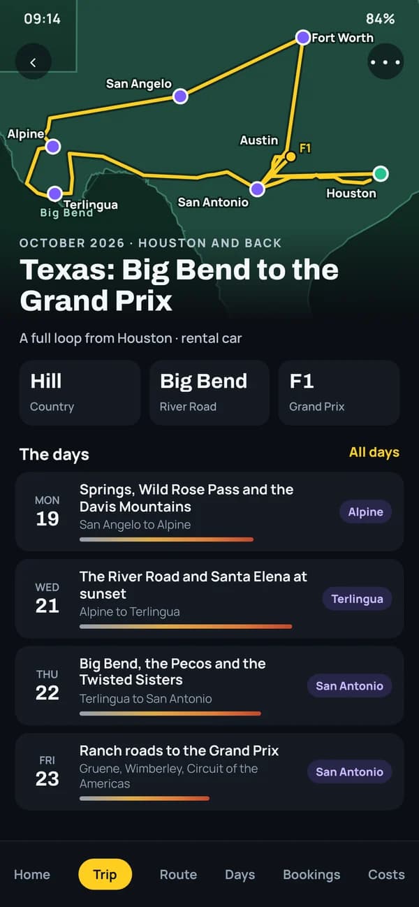 A week-long Texas road trip in RouteRunner, from Big Bend to the Grand Prix, planned day by day